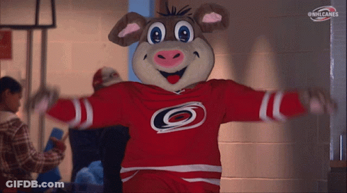 A Mascot For The Carolina Hurricanes Is Wearing A Red Jersey GIF