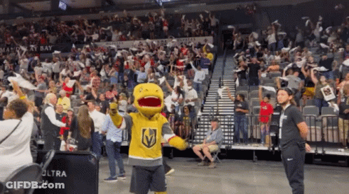 A Mascot For The Golden Knights Stands In Front Of A Crowd Of Fans GIF