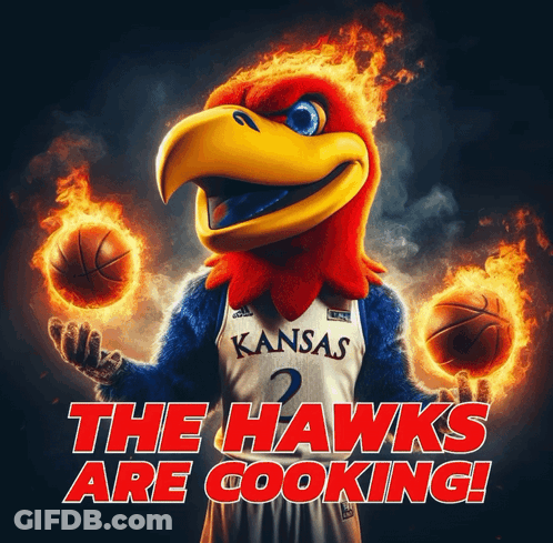 A Mascot For The Kansas Hawks Is Holding A Basketball GIF