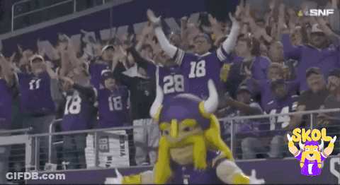 A Mascot For The Minnesota Vikings Is Dancing In Front Of A Crowd Of Fans GIF