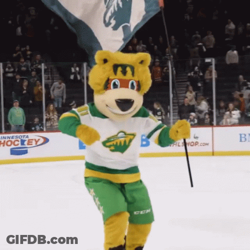 A Mascot For The Minnesota Wild Holds A Flag GIF