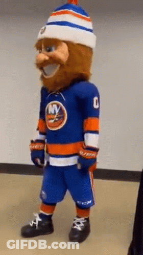 A Mascot For The New York Islanders Is Wearing A Blue And Orange Uniform . GIF
