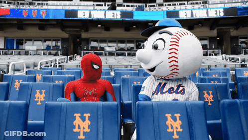 A Mascot For The New York Mets Sitting Next To A Mascot For Spider-Man GIF