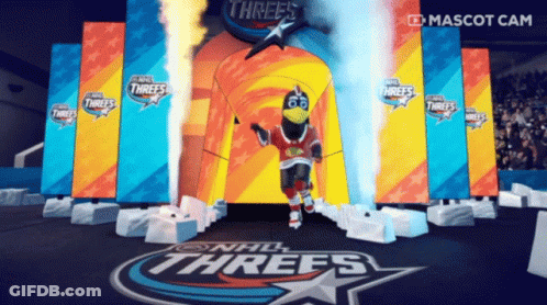 A Mascot For The Nhl Threes Is Walking Through An Entrance GIF