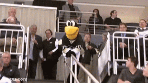 A Mascot For The Penguins Is Walking Down A Staircase GIF