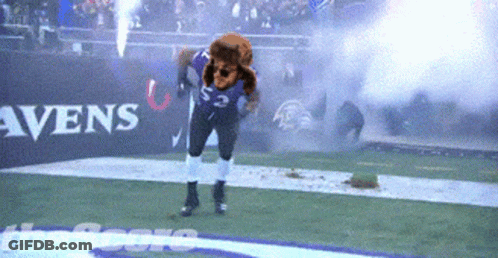 A Mascot For The Ravens Is Running On A Field GIF