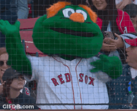 A Mascot For The Red Sox Is Waving His Hands In The Air GIF