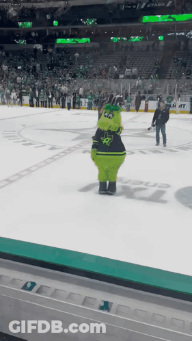 A Mascot For The Texas Stars Is On The Ice At A Hockey Game GIF