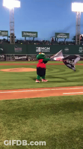 A Mascot Holding A Flag On A Baseball Field With A Mgm Sign Behind Him GIF