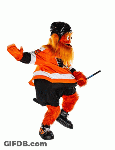 A Mascot Holding A Hockey Stick And Wearing An Orange Jersey GIF