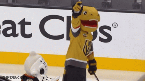 A Mascot In A T-Rex Costume Is Holding A Hockey Stick GIF