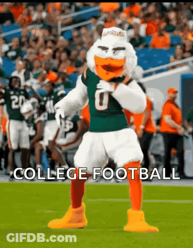 A Mascot Is Dancing On A Football Field With The Words College Football Below Him GIF