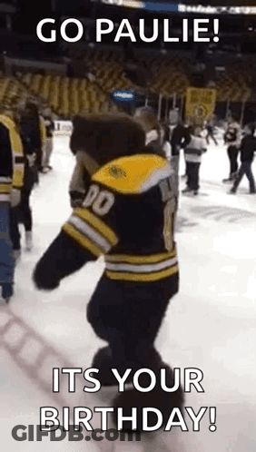 A Mascot Is Dancing On The Ice And Says `` Go Paulie ! Its Your Birthday ! '' GIF