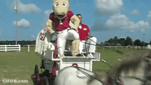 A Mascot Is Riding On The Back Of A Horse Drawn Carriage In A Field GIF
