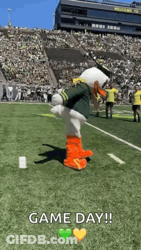 A Mascot Is Standing On A Football Field With A Crowd In The Background . GIF