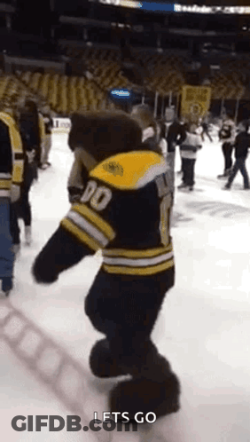 A Mascot Is Standing On A Hockey Rink And Says Let 'S Go GIF