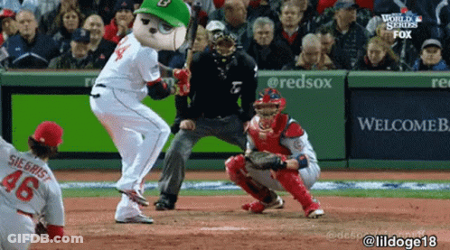 A Mascot Is Swinging A Bat At A Baseball Game GIF