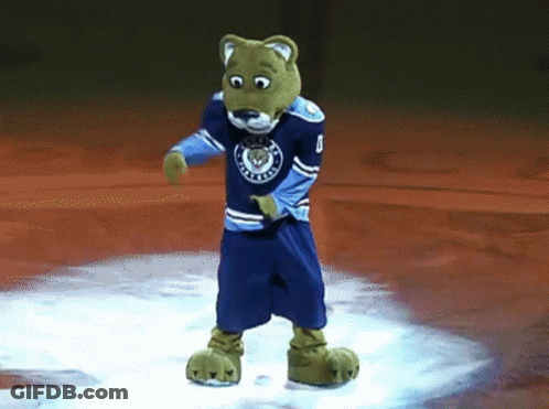 A Mascot Is Wearing A Blue Jersey With The Number 8 On It GIF