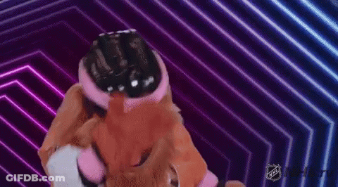 A Mascot Is Wearing A Helmet And A Pink Headband With The Nhl Logo On It GIF