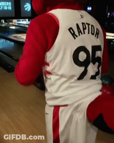 A Mascot Is Wearing A Raptors Jersey With The Number 95 On It GIF