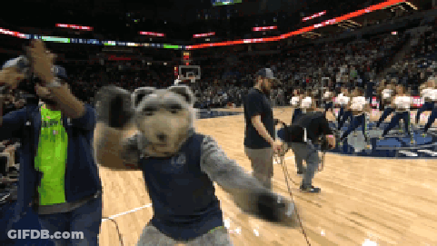 A Mascot On A Basketball Court Wearing A Blue Shirt That Says ' Minnesota ' On It GIF