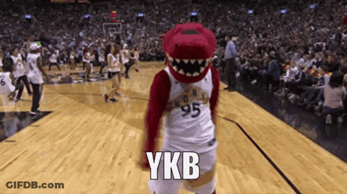 A Mascot On A Basketball Court With Ykb Written On The Floor GIF