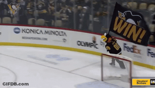 A Mascot On A Hockey Rink Holding A Win Banner GIF