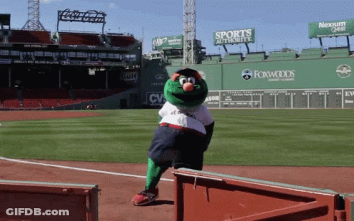 A Mascot Stands On A Baseball Field In Front Of A Sports Authority Billboard GIF