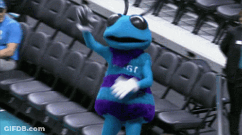 A Mascot Wearing A Blue And Purple Outfit That Says Gg GIF