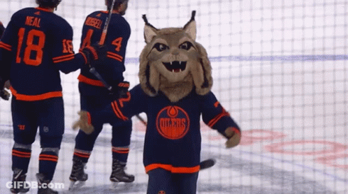 A Mascot Wearing A Edmonton Oilers Jersey Stands On The Ice GIF