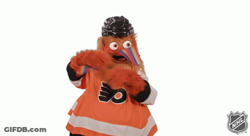 A Mascot Wearing A Flyers Jersey Throws Up Gloves GIF