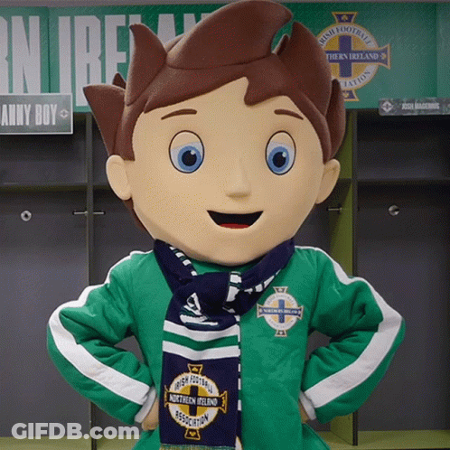 A Mascot Wearing A Green Jacket And A Blue Scarf With Northern Ireland On It GIF