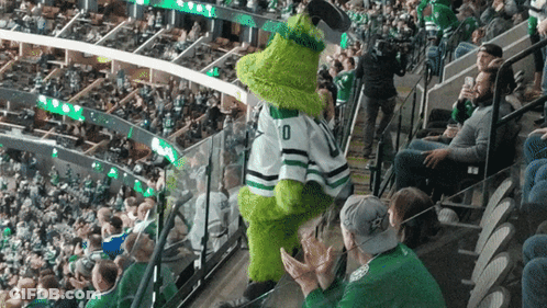 A Mascot Wearing A Number 10 Jersey Stands In A Crowded Stadium GIF