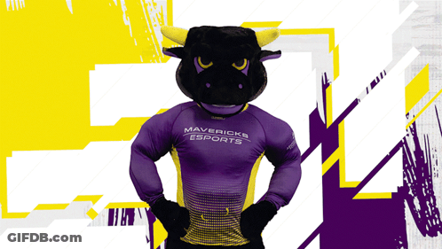 A Mascot Wearing A Purple And Yellow Shirt That Says Mavericks Esports GIF