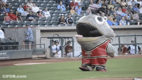 A Mascot Wearing A Red And Black Jersey With The Number 18 On It GIF