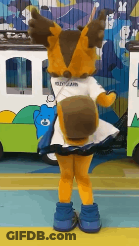 A Mascot Wearing A White Shirt That Says Polly GIF