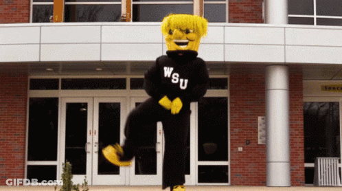 A Mascot Wearing A Wsu Sweatshirt Is Standing In Front Of A Building GIF