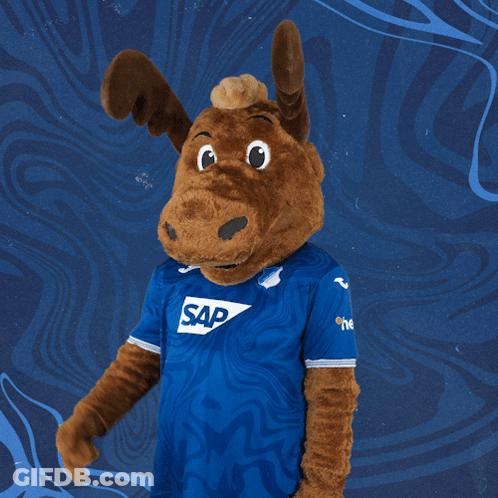 A Mascot Wears A Blue Shirt With The Word Sap On It GIF