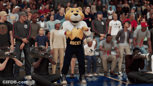 A Mascot With The Word Rocky On It GIF