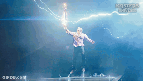 A Masters Of The Universe Poster With A Man Holding A Lightning Rod GIF