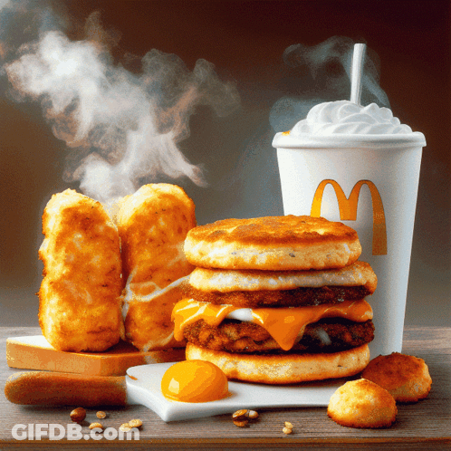 A Mcdonald 'S Breakfast Sandwich With Hash Browns And A Drink With Whipped Cream GIF