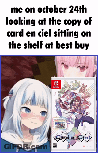 A Meme About Looking At The Copy Of Card En Ciel Sitting On The Shelf GIF