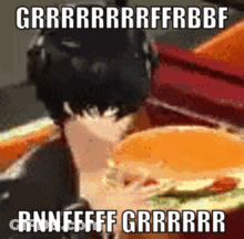 A Meme Of A Person Eating A Hamburger With The Words Rnnfff Grrrrr Written On It GIF