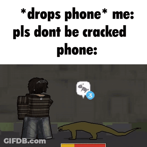 A Meme That Says " Drops Phone Me Pls Dont Be Cracked Phone Ghrrr " GIF