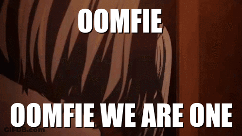 A Meme That Says ' Oomfie Oomfie We Are One ' On A Brown Background GIF