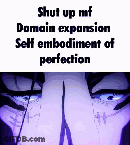 A Meme That Says Shut Up Mf Domain Expansion Self Embodiment Of Perfection On It GIF