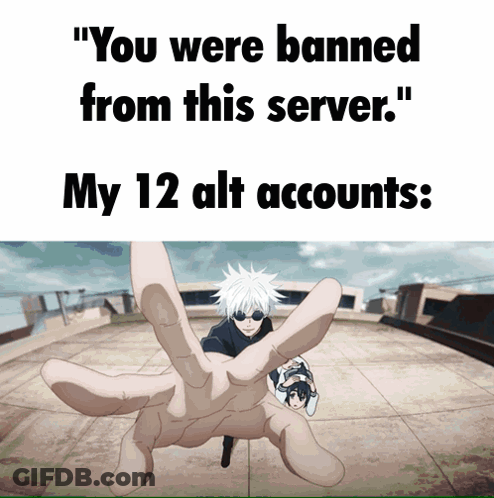 A Meme That Says " You Were Banned From This Server " And " My 12 Alt Accounts " GIF