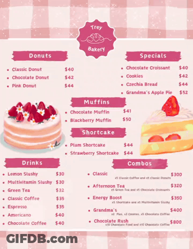 A Menu For Trey Bakery Shows A Cake And Muffins GIF