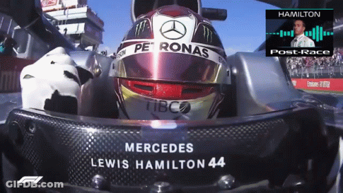 A Mercedes Lewis Hamilton 44 Helmet Sits In A Race Car GIF