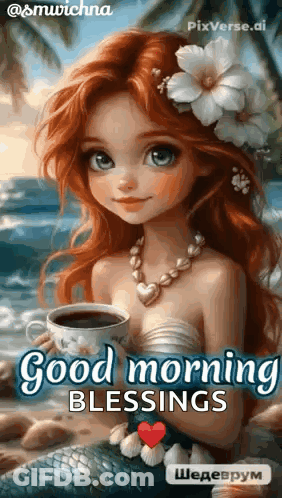 A Mermaid Is Holding A Cup Of Coffee And Wishing You A Good Morning . GIF
